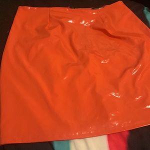 Womens Leather neon orange bodycon skirt sexy shiny liquid metallic wet look
